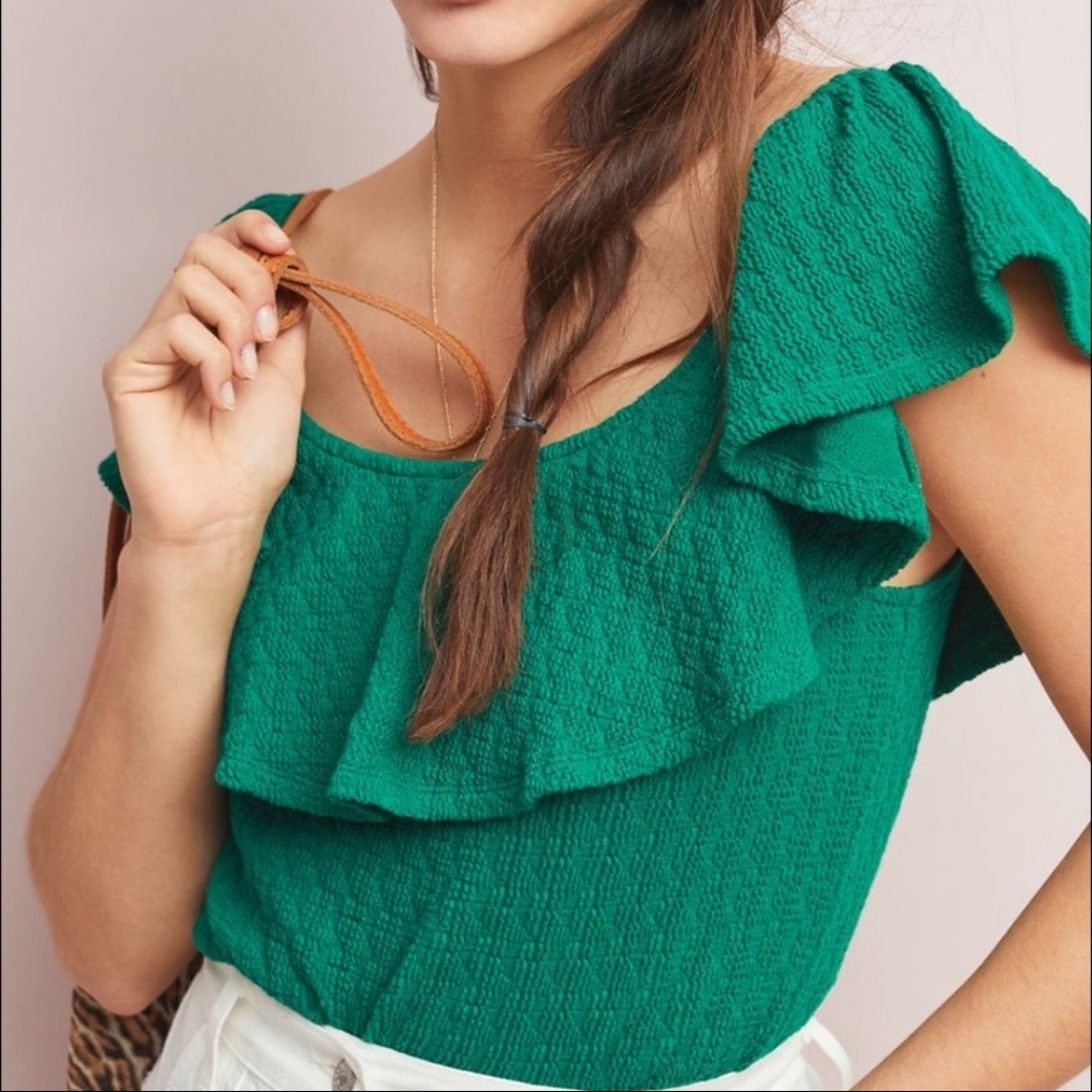 Anthropologie Green Textured Off the Shoulder Top
